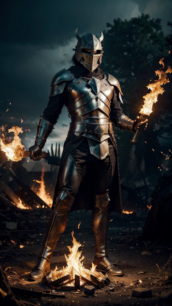 Visualize a mythical knight standing before a huge enchanted brazier in the heart of a surreal, dreamlike forest. His armor, made of dark obsidian-like metal and etched with burning, glowing runes, pulses with the energy of the eternal flame. His helmet, crowned with fire, hides eyes that burn with the intensity of an eternal fire. In one hand, he wields a colossal flaming sword that roars with the power of eternal flame, while in the other he holds an enormous round shield engraved with the image of a white dove with outlines of heavenly fire, with its wings spread, ready to attack. reborn.. The surrounding forest is twisted and surreal, with ancient, twisted trees whose branches are adorned with glowing embers and wisps of smoke. The sky above is a chaotic mix of storm clouds and burning embers, casting a fiery glow over the scene. The ground beneath his feet is cracked and charred, with veins of molten lava snaking across the earth. Surrounding him are the spectral figures of ancient guardians and mythical beasts, whose forms flicker with the light of the eternal flame. Despite the chaos and destruction that surrounds him, the knight stands tall and unwavering, radiating an aura of invincibility as he prepares to unleash the power of the eternal flame on his enemies. And in a striking and strategic part of the composition there is a text that says "Tiempos de Guerra"  in a bold and meticulously composed typography and its style is of war