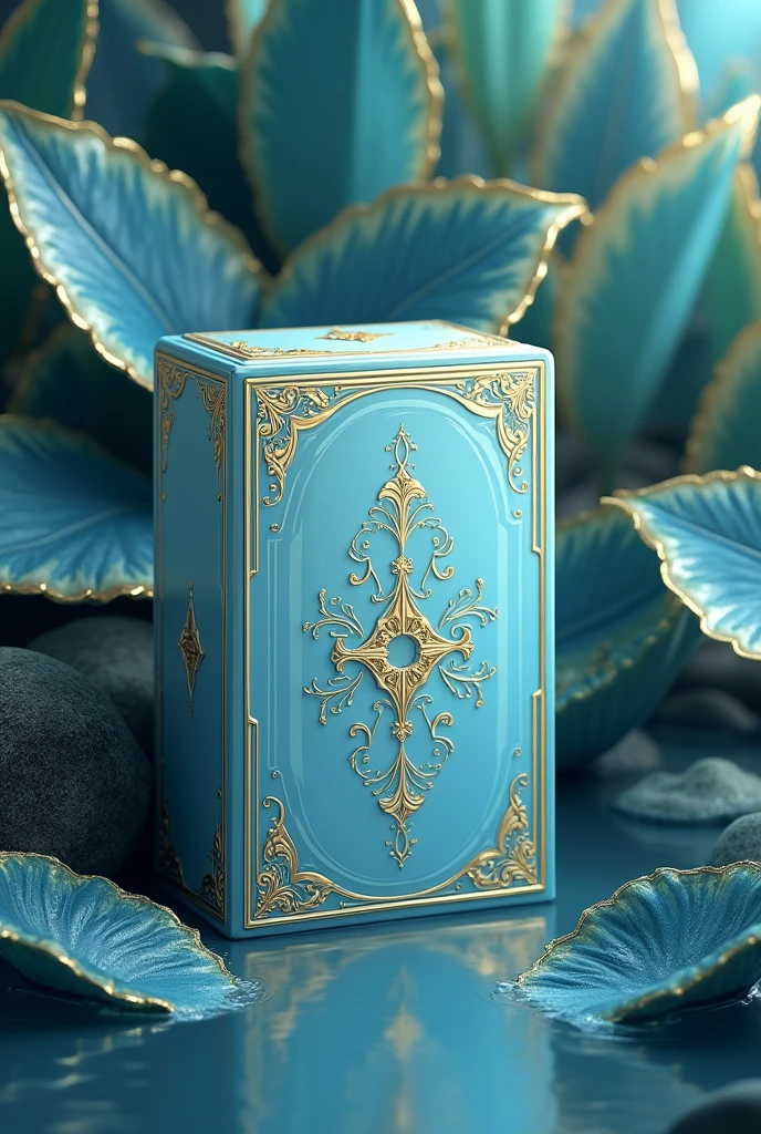 large serum box with light blue and gold colors, Background with blue plants with golden details and water surrounding it