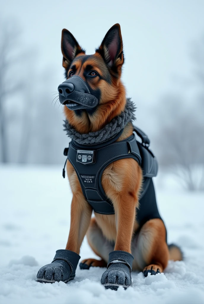 A German Shepherd sits in a muzzle and a harness and looks into the distance. There are boots on the paws and winter is all around