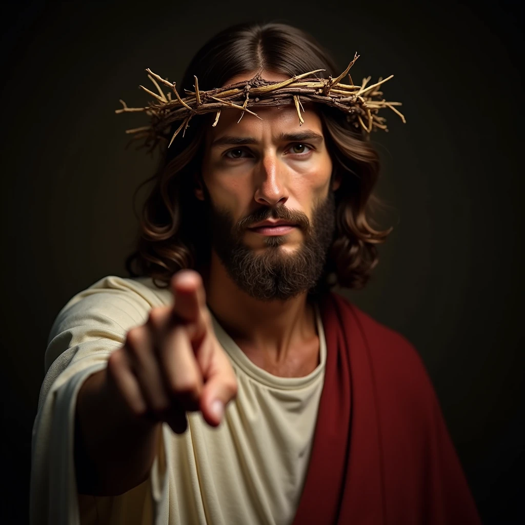 A highly realistic portrayal of Jesus, centered in the frame, wearing a crown of thorns. He is looking directly forward, with a natural expression, and pointing his finger towards the viewer. The image is captured in stunning 4K resolution with high detail, fine details of his face and clothing, studio lighting, foto de média distância,well lit, bright lighting