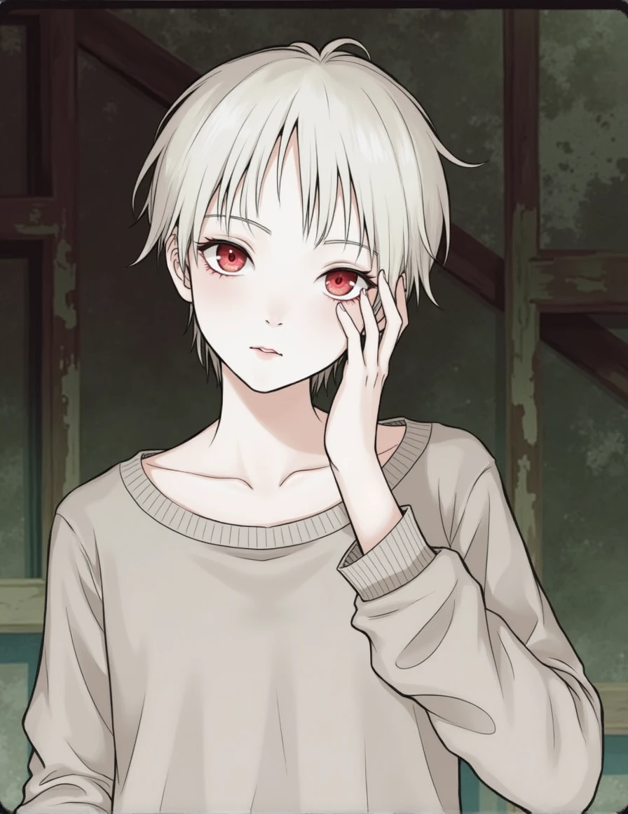 An albino child, skinny boy, with straight and short light hair with bangs, soft fair red eyes, a skin fair like snow, white eyelashes and eyebrows, he's wearing a kind of long and worn sweater, soft expression, on a setting in an antique orphanage, semi-realistic soft traces drawing style.