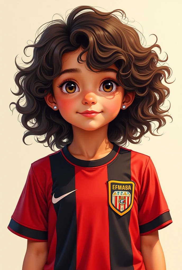 Drawing of a wearing a Flamengo shirt, skin fair, dark brown waist length curly hair