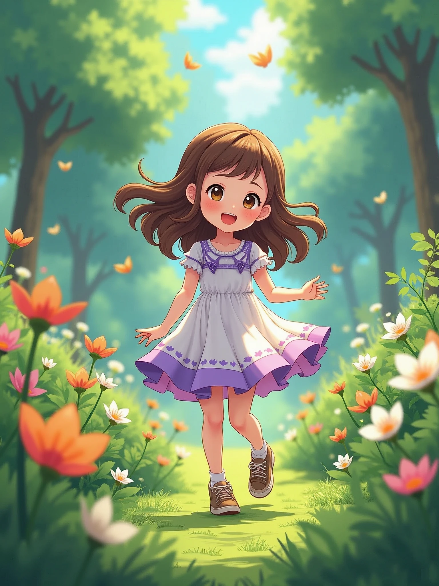 an anime girl wearing white and purple dress playing in garden, brown long wavy hair, brown sneakers and 6 years age brighnet skin color