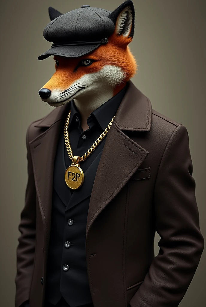 Create a man with a fox face turned slightly to the left, with black cap, wearing a dark brown overcoat and a large gold necklace inscribed with F2P