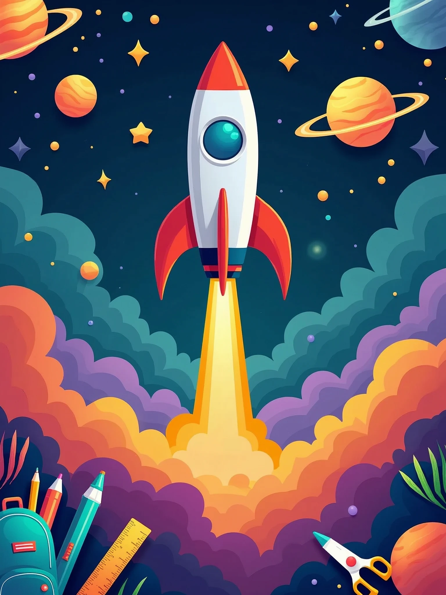 digital art of a stylized rocket taking off, surrounded by colorful planets and stars, include backpacks, pencils, pens, rulers, glue, eraser, scissors, school supplies. use colors: dark blue, orange, purple and green.