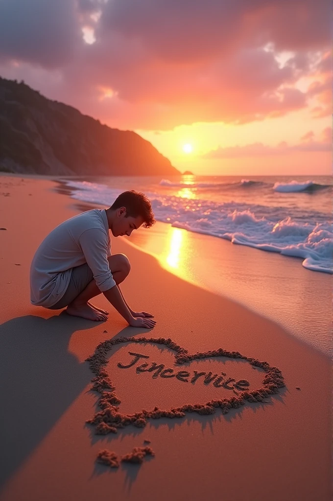 Imagine-toi sur une plage isolée au coucher du soleil. The fine, golden sand stretches as far as the eye can see, et les vagues douces viennent lécher le rivage dans un murmure apaisant. Tu te penches et, With your finger, You draw a perfect heart on the sand still warm from the sunny day. Inside this heart, tu écris soigneusement le nom "Joyce Royale". The air is fresh and salty, And the sky is adorned with pink and orange hues, Creating a magical and serene atmosphere. You straighten up and contemplate your work, Feeling a wave of happiness and serenity wash over you, tandis que les derniers rayons de soleil illuminent doucement les lettres tracées sur le sable.