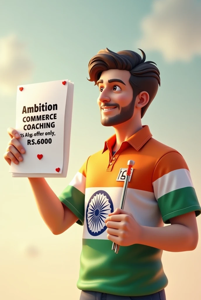 A 30 years old boy holding A4 sheet paper in one hand written on it’s"Ambition Commerce Coaching 15Aug.Tally offer only RS.6000" and second hand holding the national flag of Bharat and he is wearing a shirt print is like Bharat flag and “Bharat Arora” and 15 number and independence day in small written on it’s back in big and bold fonts, 3d illustration