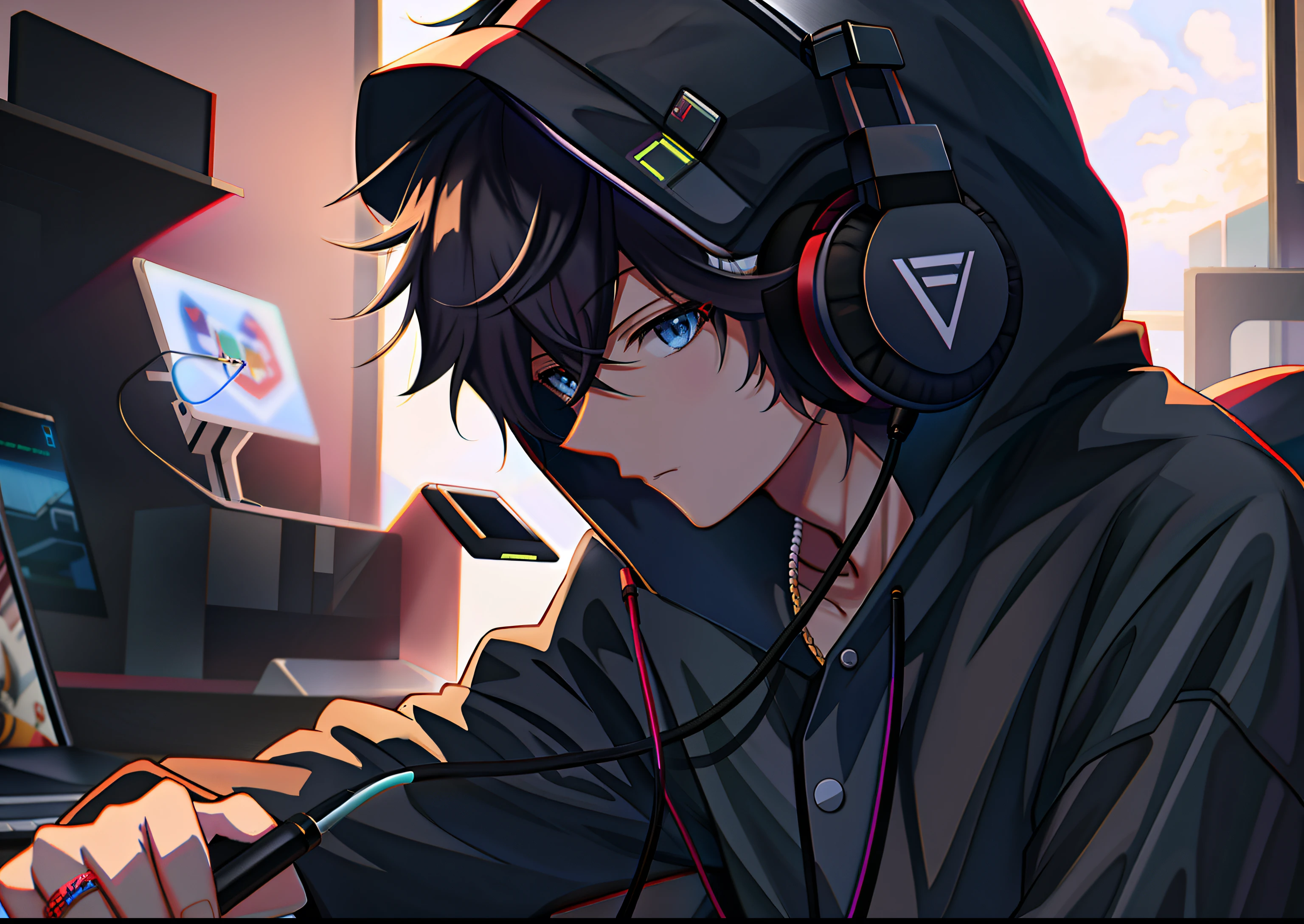 Anime boy playing video game on laptop with headphones, style of anime4 K, 4k anime art wallpaper, 4K anime art wallpaper, 8K anime art wallpaper, anime wallpaper 4k, anime wallpaper 4k, anime wallpaper 4k, high quality anime art style, Guviz-style artwork, anime styling. 8k