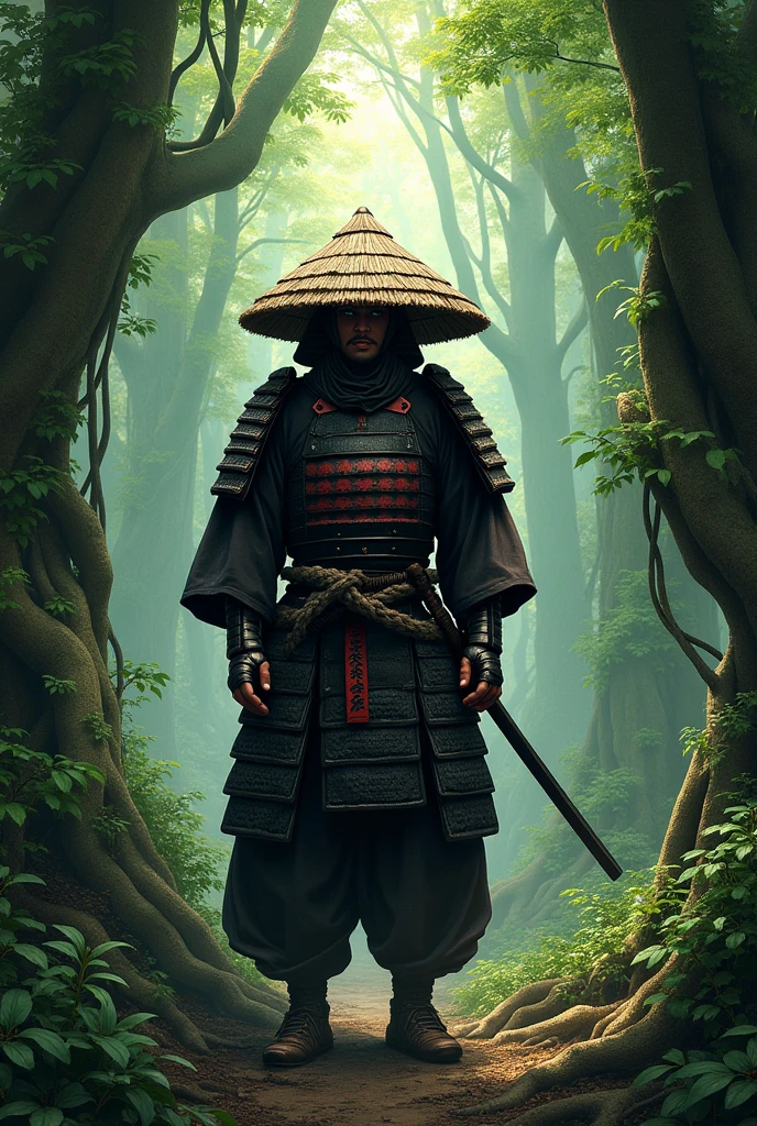 A samurai in a dense forest. He wears traditional samurai armor, worn and with black and red details. His face is partially hidden by a straw hat (kasa).