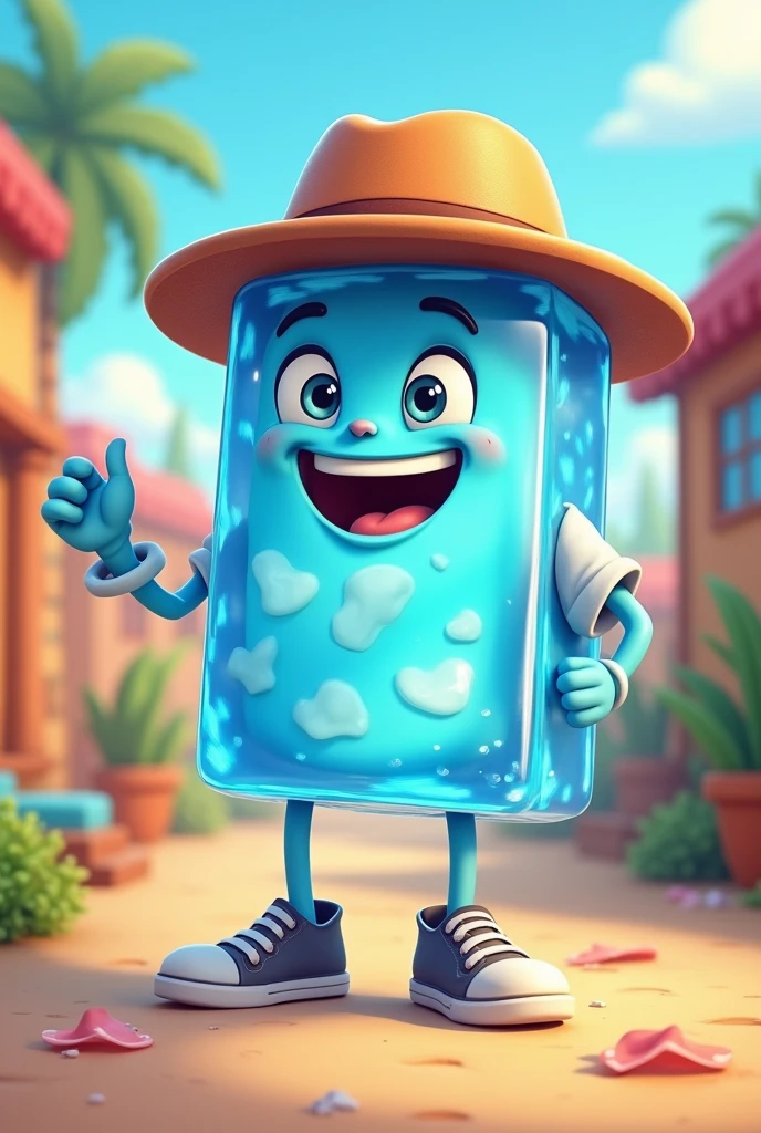 ice cube mascot in cartoon with shirt and shoes and hat