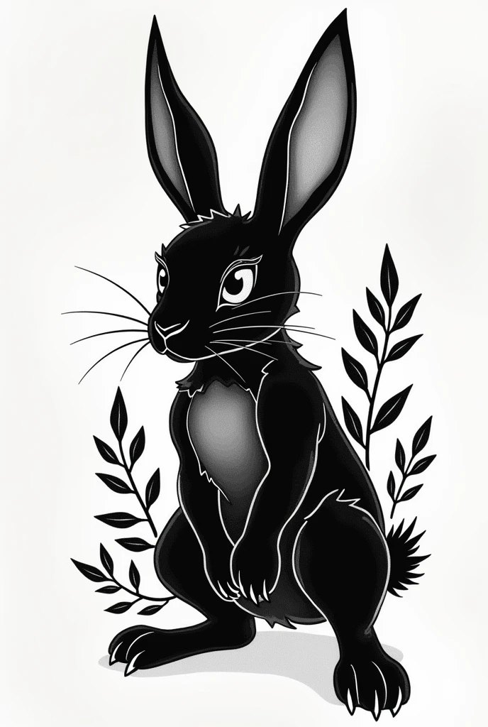 As an expert in tattoo design, create a detailed illustration of a "Bodoque rabbit" in blackwork style.
### Instructions:
1. Describe the tattoo design, including specific elements such as lines, shadows and patterns.
2. The style should be dark and bold, characteristic of blackwork, highlighting the shape and details of the rabbit.
3. The result should be suitable for a medium to large tattoo, with the possibility of including additional elements such as nature or geometry that complement the rabbit.
4. Provide suggestions on the ideal location on the body for this tattoo.
Make sure the illustration conveys a combination of strength and tenderness, capturing the essence of the rabbit in this artistic technique.