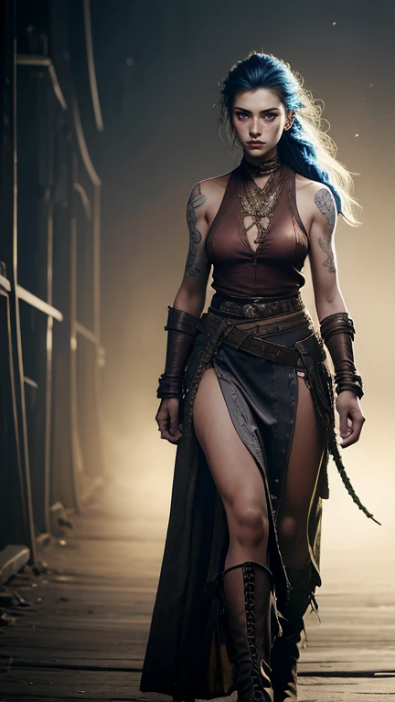 Ultra high resolution photograph of a South American Indian mixed race 35 year old woman, The womans clothing is a mixture of space cowboy style and South American native style, the womans hairstyle is a mohawk with shield maiden hairstyle and the sides of the head are tattooed, Hair color dyed, The womans pose is riding a Cerberus hellhound, Face depicted realistically and in detail, The body stature is tall with long legs and sensual curves and medium sized breasts, The mood of the photography is dark, Top is a sleeveless cowboy shirt with a wide waist belt, Legwear is a maxi leather skirt with etched Indian patterns and leather boots for women, Woman in her pose close to the camera