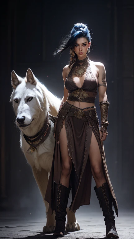 Ultra high resolution photograph of a South American Indian mixed race 35 year old woman, The womans clothing is a mixture of space cowboy style and South American native style, the womans hairstyle is a mohawk with shield maiden hairstyle and the sides of the head are tattooed, Hair color dyed, The womans pose is riding a Cerberus hellhound, Face depicted realistically and in detail, The body stature is tall with long legs and sensual curves and medium sized breasts, The mood of the photography is dark, Top is a sleeveless cowboy shirt with a wide waist belt, Legwear is a maxi leather skirt with etched Indian patterns and leather boots for women, Woman in her pose close to the camera