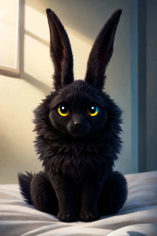 a beautiful animal, black in color, with big eyes,fluffy,long ears