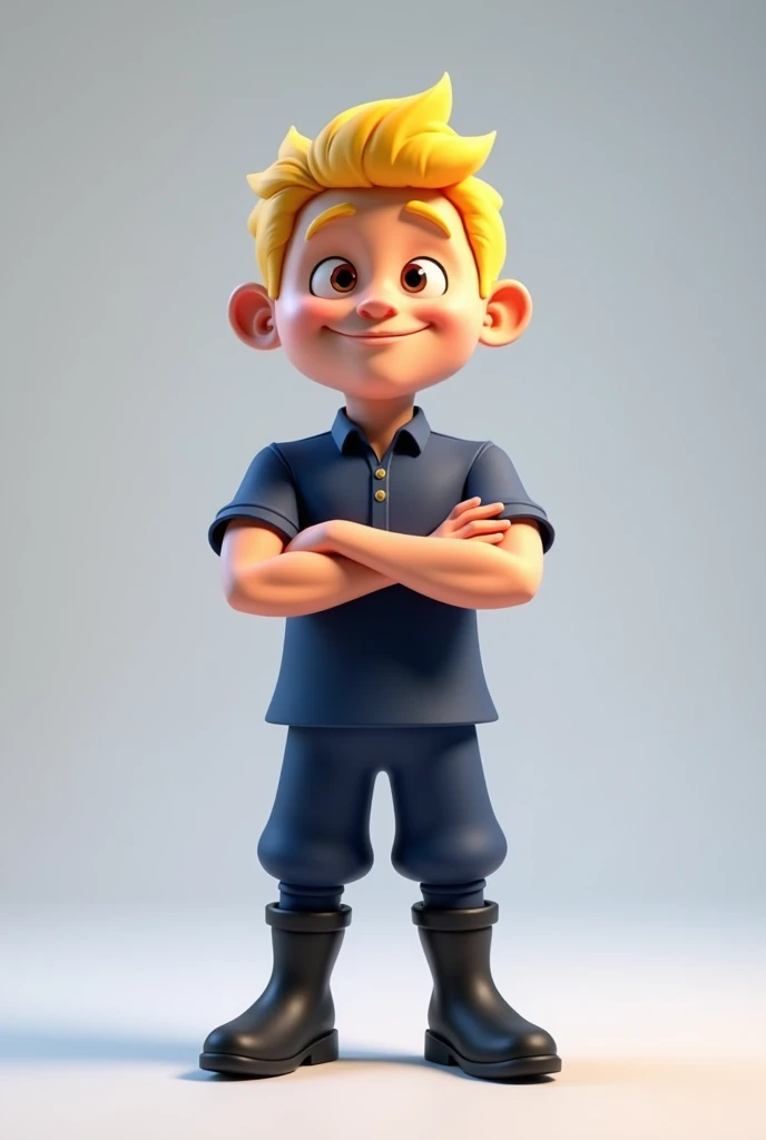 Create a mascot of a short 3d male blond animated character wearing a dark blue uniform with no logo and black boots with crossed hands
