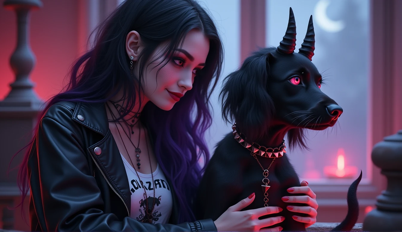 ultra realistic, photograph, award winning, super detailed, Character Descriptions: Owner: Appearance: A goth metal female with long, flowing black hair and striking purple highlights. Her style is dark and edgy, reflecting her love for heavy metal and all things spooky. She often wears band t-shirts, leather jackets, and dark makeup, with a preference for black and purple tones. Personality: Despite her dark appearance, she has a sharp sense of humor and a playful side, especially when it comes to her beloved dog, Callizto. She’s a skilled gamer, particularly in World of Warcraft, where she leads raids with her guild, "La Danse Macabre." Callizto: Appearance: A sleek, black female Labrador with shiny fur and bright, intelligent eyes. In her demon form, she sports small, menacing horns, glowing red eyes, a spiked collar, and a flaming tail, adding a supernatural flair to her usually sweet demeanor. Personality: Loyal and affectionate, Callizto is the owner’s constant companion, always ready to play or cuddle. However, she has a mischievous streak, often getting into trouble or surprising her owner with her antics. When transformed into her demon form, she embraces her darker, more playful side, especially when it comes to showing off her new powers.