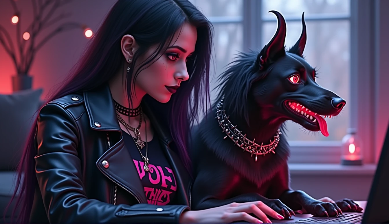 ultra realistic, photograph, award winning, super detailed, Character Descriptions: Owner: Appearance: A goth metal female with long, flowing black hair and striking purple highlights. Her style is dark and edgy, reflecting her love for heavy metal and all things spooky. She often wears band t-shirts, leather jackets, and dark makeup, with a preference for black and purple tones. Personality: Despite her dark appearance, she has a sharp sense of humor and a playful side, especially when it comes to her beloved dog, Callizto. She’s a skilled gamer, particularly in World of Warcraft, where she leads raids with her guild, "La Danse Macabre." Callizto: Appearance: A sleek, black female Labrador with shiny fur and bright, intelligent eyes. In her demon form, she sports small, menacing horns, glowing red eyes, a spiked collar, and a flaming tail, adding a supernatural flair to her usually sweet demeanor. Personality: Loyal and affectionate, Callizto is the owner’s constant companion, always ready to play or cuddle. However, she has a mischievous streak, often getting into trouble or surprising her owner with her antics. When transformed into her demon form, she embraces her darker, more playful side, especially when it comes to showing off her new powers.