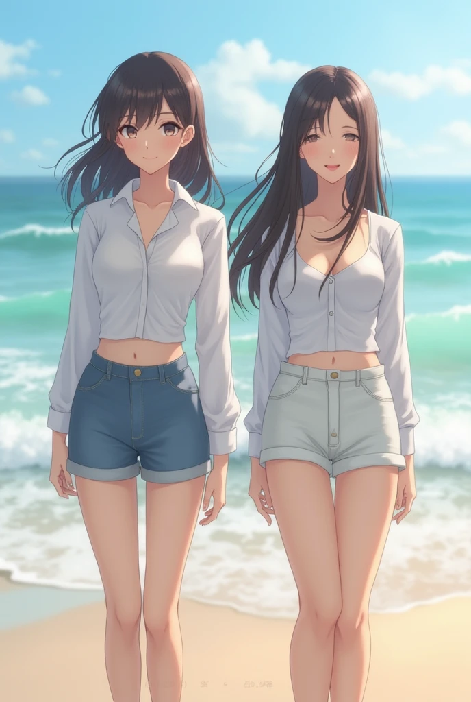 ((Highest quality)), ((masterpiece)), (detailed), Perfect Face,2 Japanese women,ager without makeup,Full body standing,Clean up to the toes,Huge breasts:1.3,Huge breasts:1.3,High bust top:1.3,Hard, Round Breasts:1.3,White shirt,mini skirt,((No Pat,Very good)),Bright smile,Soft sunlight on the beach,Thematic Depth,Clear focus,Natural and soft light、topless