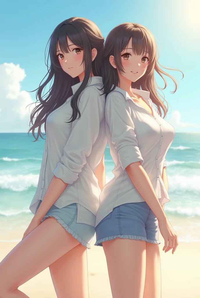 18 year old young girl, long haired redhead with blue eyes, Short white off-the-shoulder shirt, short blue denim shorts, SMILE, smiling, short brown boots with white, embraced with young girl long black hair blue eyes, strong blue denim short shorts, hugged,