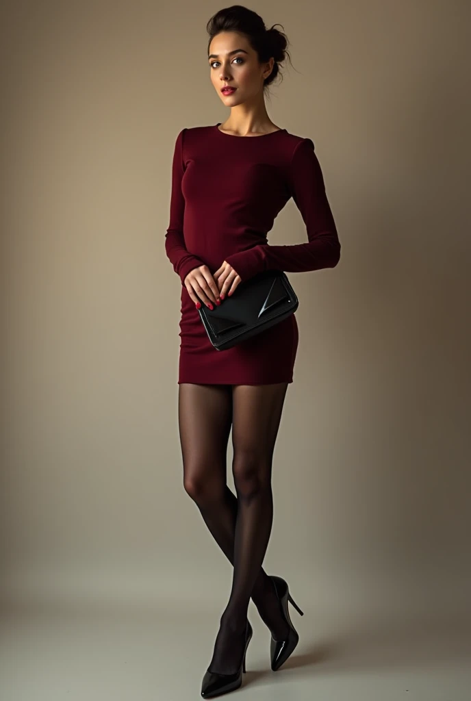 A 32-year-old Polish woman in a dress, tights and high heels.