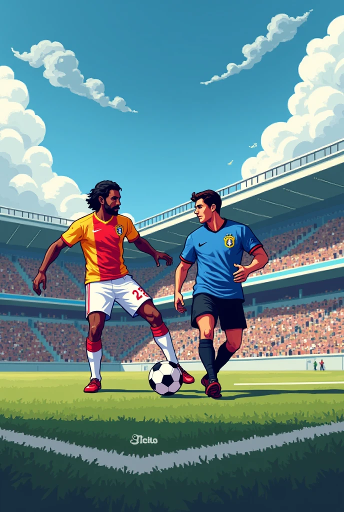 make a pixel art of the São Paulo FC team from Brazil against the Nacional team from Uruguay.
But put the player Calleri on the cover facing a player from Nacional de Uruguay