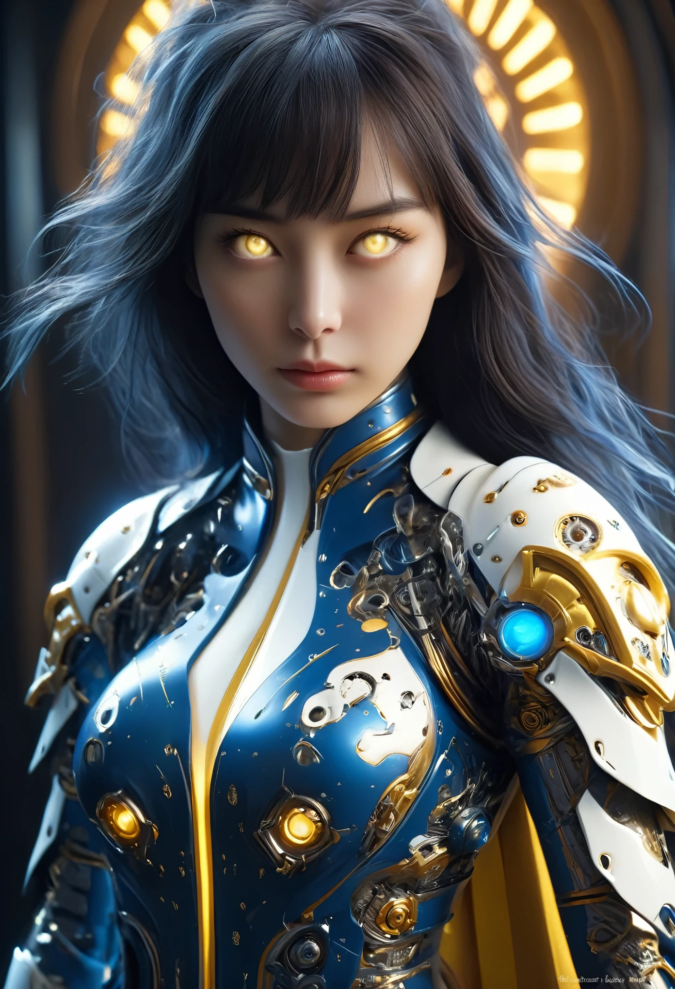 (Best Quality, 4K, 8K, High Resolution, Masterpiece: 1.2), (Super Detailed, Realistic, Photorealistic:1.37), A woman in futuristic clothing, Trending on cgstation, Trending on cgstation, (Portrait of a girl in the Knights of the Zodiac:1.4), blunt bangs, Cute Cyborg Girl, Perfect android girl, Portrait Astronaut Girl, Beautiful girl cyborg, (Girl wearing iridescent blue mechanical cyber armor:1.3), Game CG, cgsociety and fenghua zhong, Beautiful Cyborg Shrine Maiden, Bioluminescence, (Yua Yaiba:0.5), (Golden eyes:1.5), Anatomically correct grip, (Sharp and long claws:1.4), erotic and sexy, black, wearing A gorgeous cape with beautifully detailed embroidery, (beautiful tits, beautiful breasts, beautiful nipples:1.5), (NSFW:1.5)