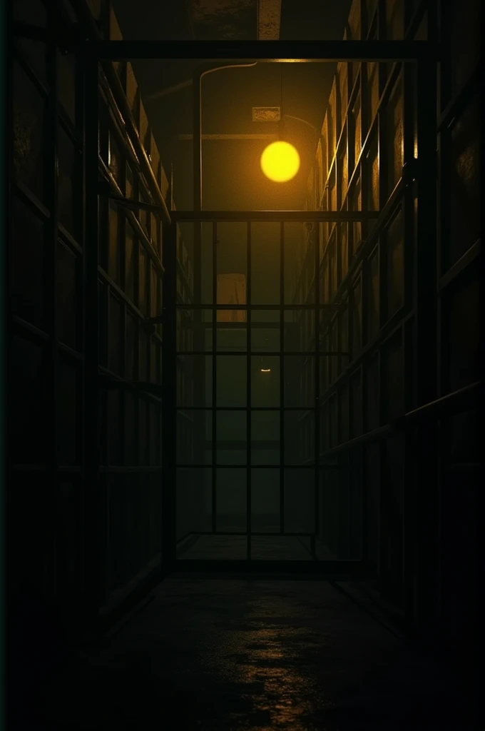 Metal bars in the dark with a round yellow light 