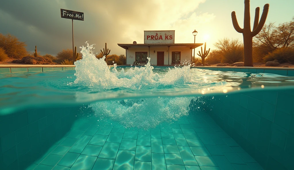 Create a hyper-realistic 8K image from a first-person perspective, as if the camera is partially submerged in a pool. The view should be split: bottom half underwater, top half above. In the immediate foreground, capture dramatic water splashes rising towards the camera, creating the illusion that the viewer is diving into the water. Cover parts of the 'lens' with water droplets to enhance this immersive effect. Underwater: Show crystal-clear turquoise pool water with visible pool tiles. Above water: Frame a run-down Mexican motel in the background, surrounded by cacti. Include a weathered sign if possible. The dilapidated Mexican motel pool, surrounded by cactus, exudes eerie charm. A weathered sign pleads "Free me!". Golden hour light bathes the scene, highlighting hyper-realistic details: dust motel Use golden hour lighting to illuminate the scene, creating a warm, slightly eerie atmosphere. Emphasize the contrast between the underwater clarity and the golden light above. The splash should be the focal point, with intricate details of water droplets and light refraction. Maintain sharp focus throughout, especially on the water splash and droplets. Aim for a raw, cinematic style with a strong depth of field