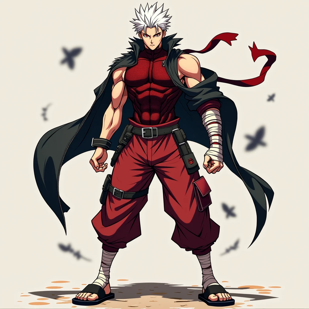 anime guy with white hair and fox ears and collar, (Full body), young guy, hair with modern bangs, masculine but young, No beard, dnd reference sheet, pink hair, mohawk to the side, gentle face, bron pelerine canvas, two dangling straps on each side of hip, Headgear, leather armour, light clothing 