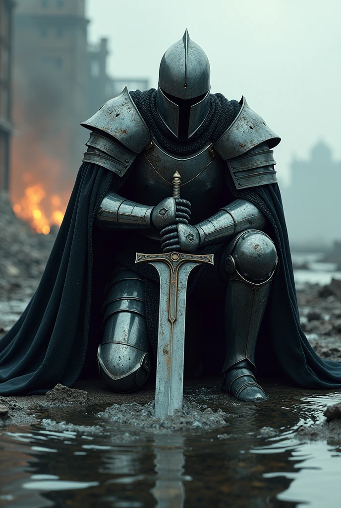 Create a photorealistic, high-resolution image of a powerful knight in full armor, kneeling or sitting on the ground. The knight wears a massive suit of intricately detailed armor, including a completely enclosed helmet with a closed visor, hiding his face. He is draped in a long, thick, black cloak that billows dramatically in the moving water around him. The cloak has slight burn marks, hinting at the recent devastation. The knight leans on a large sword that is embedded in the ground, symbolizing his defeat and exhaustion. The knight appears strong but visibly defeated and sorrowful, as if he has suffered a heavy loss. Surrounding him is moving water, reflecting and amplifying the scene. The background depicts a wide expanse of devastation, with ruins, burning remnants of buildings, and a distant horizon that emphasizes the scale of the destruction. The image should be rendered with high resolution and sharp detail to emphasize the emotional depth and dramatic setting.
There should be Flames burning the cape