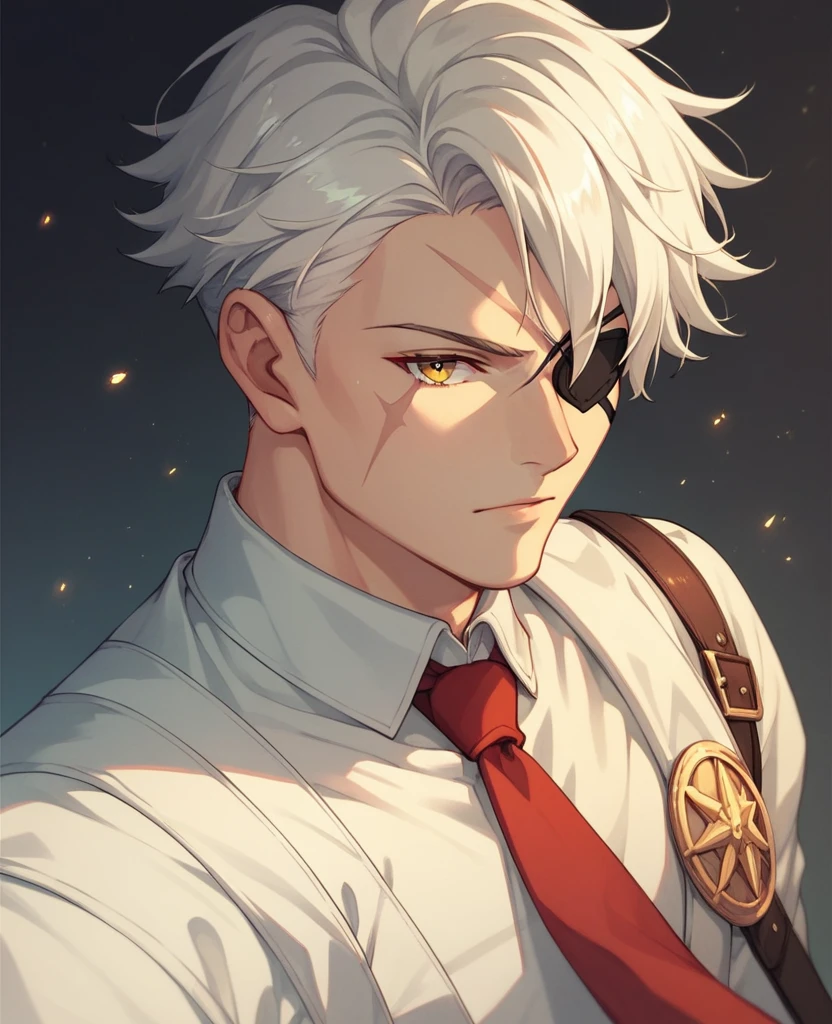 Human Male Assassin , white hair ,yellow eye ,eye patch, white shirt ,red Tie  ,scar on eye ,