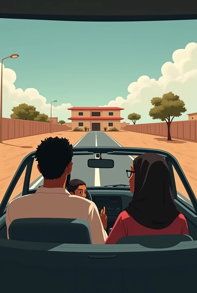 A dark-skinned young man is driving the car with his wife who wears corrective glasses, they are traveling in Mauritania and their beautiful young daughter is riding in the back. 
They are passing by an institute that teaches civil engineering called "ISM-BTPU", Where they used to study in the past and felt nostalgic as they looked at it .
This institute is located five kilometers outside the Mauritanian city of Akjoujt and consists of classroom buildings surrounded by brown walls..
This institute is the only building in that area and it is a little far from the sidewalk on the left side..
The pavement is black with white lines and there are no trees, so the pavement and the institute are far away.
The wife is Muslim.
The institute is labeled "ISM-BTPU".