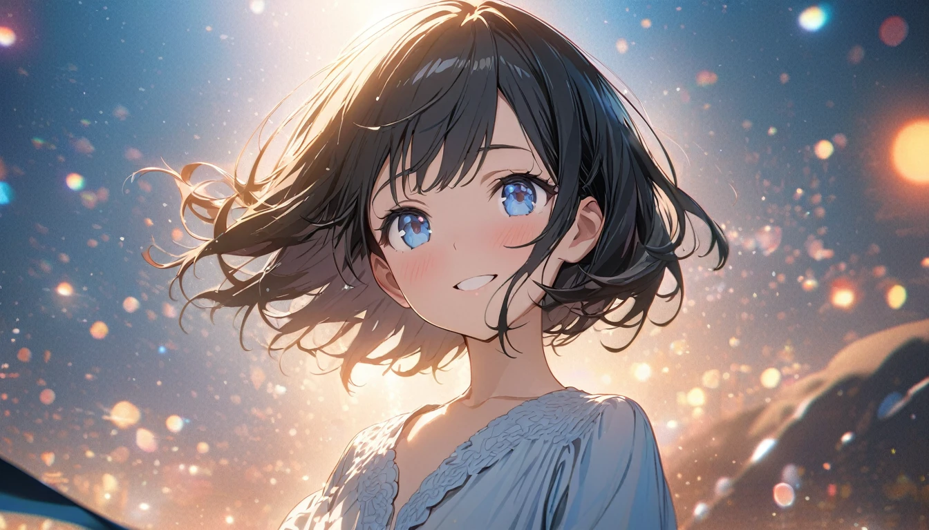 ((ultra-detailed))/(one women with short black hair and bob hair.、beautiful blue eyes,.、smile、gentle smile on her face、flat chest, one Beautiful girl,((masterpiece, illustration, best quality) ((ultra-detailed))/),Floating in the sky, close, bright, smile, Warm and soft lighting,,濃い青とBeautiful Blueのグラデーション, High resolution, 8K HD detail, hyper-detail, cinematic, surrealism, soft light, deep field focus bokeh, ray tracing and surrealism. --v6'