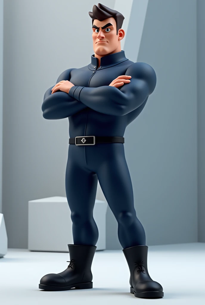 Create a mascot for a new low poly 3d animated male character who wears a dark blue uniform with no logo, black boots and has his arms crossed.