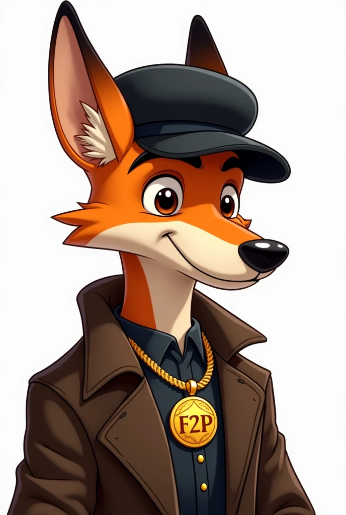 Create a man with a fox face turned slightly to the left, with black cap, wearing a dark brown overcoat and a large gold necklace inscribed with F2P. The image background can be white and the image can be a bit cartoonish.