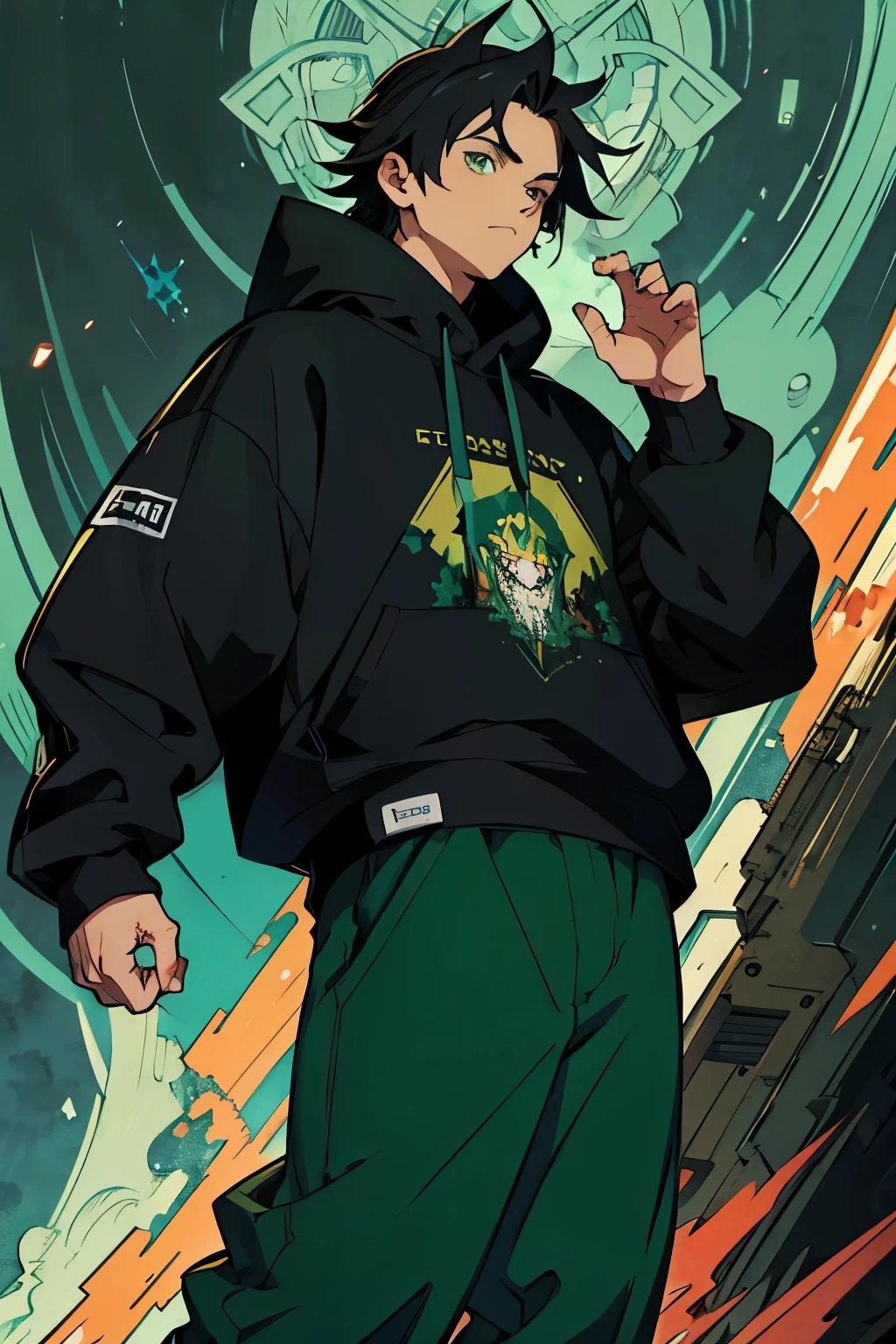 masterpiece, 8k, anime boy, black sweatshirt, hair black, green eyes, blue pants, detailed side