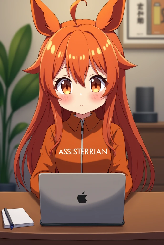 Cute anime character in dark orange outfit, long, dark orange hair, with the inscription on the chest "ASSISTERRIAN" sitting on a chair, both hands are on the laptop keyboard in front, laptop placed on a brown table