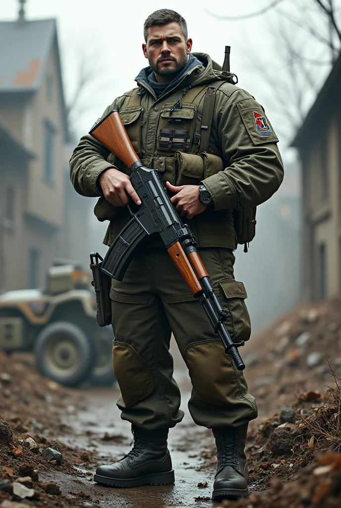 strong, powerful, brave soldier, with ak-47. 41 motorized rifle brigade of Ukraine
