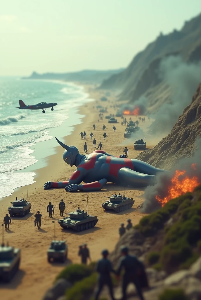 sleeping ultraman. army day bomb . sea, beach . everywhere lot of soldier in battlefield.world war 2. tilt shift photography. lot of war. tank.aircraft 1940. air drop