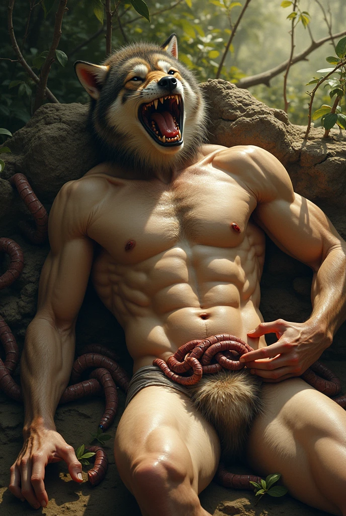 realistic image of a naked half werewolf sunbathing being attacked by a group of worms and some of the worms tied his hands and feet, one of the worms got into his genitals