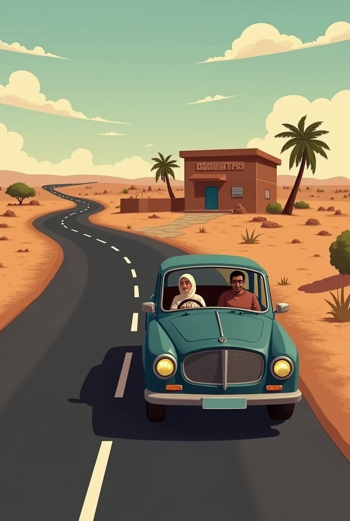 A dark-skinned young man is driving the car with his wife who wears corrective glasses, they are traveling in Mauritania and their beautiful young daughter is riding in the back.
They are passing by an institute that teaches civil engineering called "ISM-BTPU", Where they used to study in the past and felt nostalgic as they looked at it .
This institute is located five kilometers outside the Mauritanian city of Akjoujt and consists of classroom buildings surrounded by brown walls..
This institute is the only building in that area and it is a little far from the sidewalk on the left side..
The pavement is black with white lines and there are no trees, so the pavement and the institute are far away.
The wife is Muslim.
The institute is labeled "ISM-BTPU".