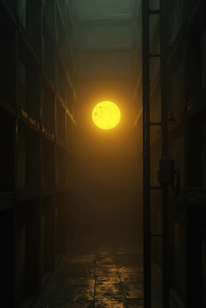 Metal bars in the darkness with a round yellow light in the middle that illuminates quite a bit