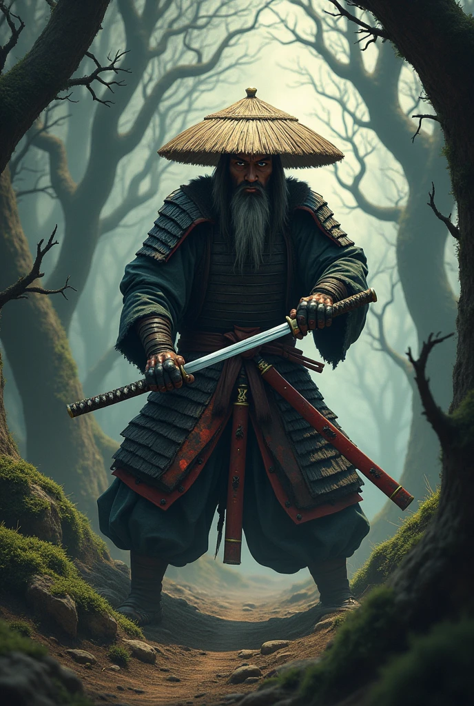 A samurai holding his katana with both hands, attacking dark creatures in a dense forest at dusk, He wears traditional samurai armor, worn and with black and red details and a straw hat (kasa).