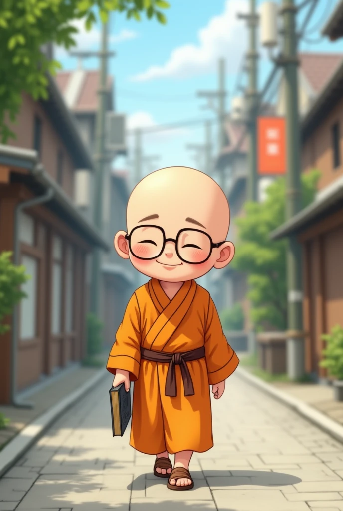 cute little people, closed eyes japanese, Grinning, with glasses , walking down the street alone, wearing the orange monk's robe and brown belt, baldie.
with glasses e somente um caminhando na rua com um livro na mao.
with sandals on her feet
