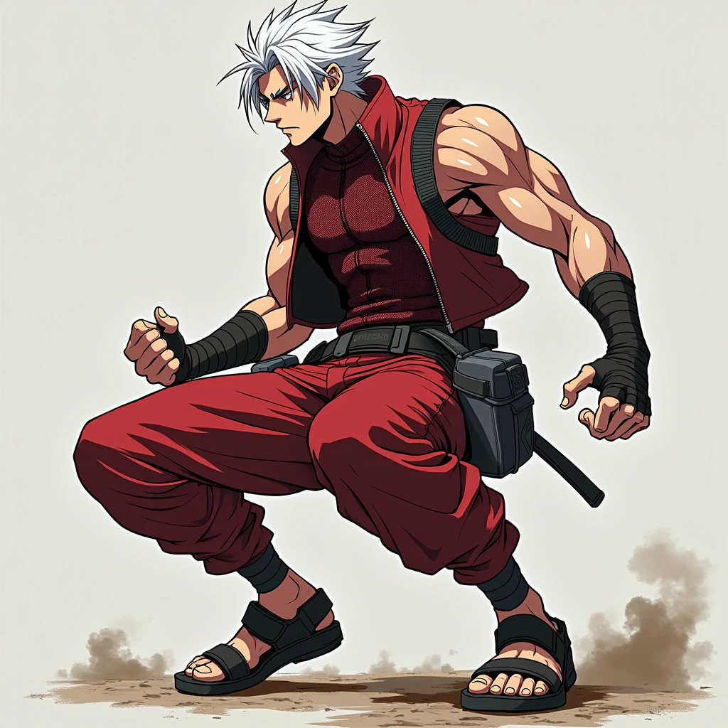 A dynamic illustration of Munashi Kurotani, a young yet imposing -yeld chcter standing at 203 cm with a muscular build. He has striking white hair and eyes that add to his intense presence. Munashi is dressed in a dark red, tight-fitting shirt made from special mesh fabric with a high collar and no sleeves, paired with slightly loose red combat pants. He wears dark-colored ninja sandals and a sturdy, zipped combat jacket over the shirt. His hands are wrapped in bandages, and both legs have hip pouches with additional bandages wrapped around them. Capture him in a reflective or intense training pose, showcasing his immense physical strength. The overall mood should convey his formidable presence with anime, webtoon, and manga art styles