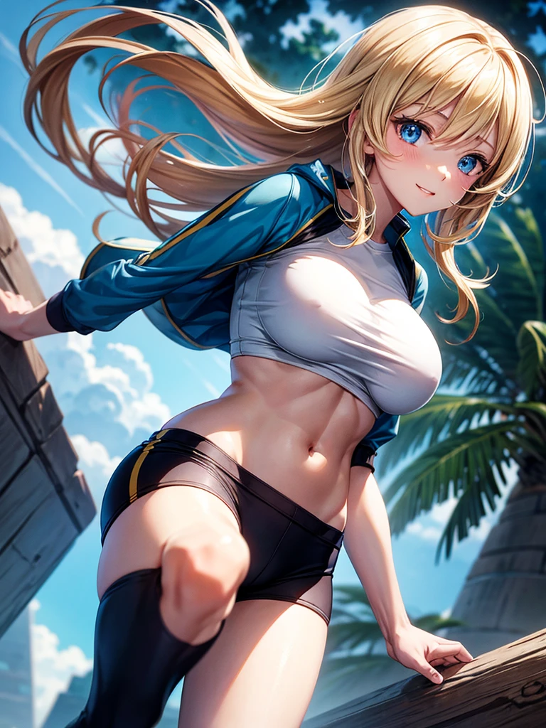 Anime style, super fine illustration, highly detailed, beautiful detailed, pale tone image, static representation, gentle expression, 8k, pretty 1girl with blonde straight short hair & blue eyes & a bright smile & huge breasts & soft fair skin is wearing the black skportswear & sportshorts & sportsjaket in the park, in the morning,solo, perfect fingers, perfect arms, perfect legs, masterpiece.
