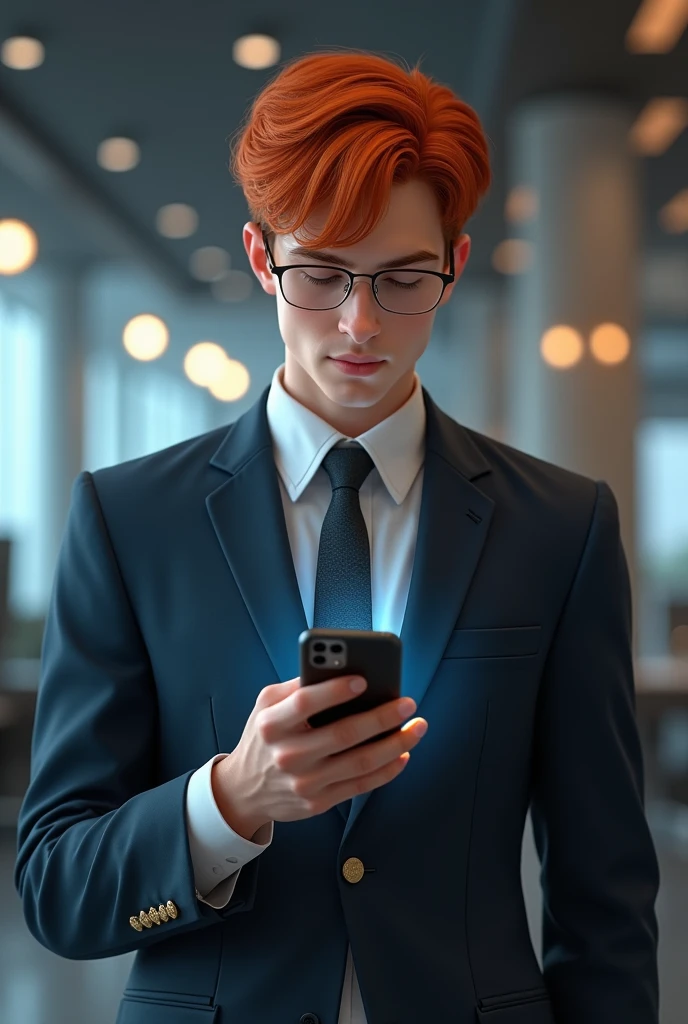 A redhead in formal clothes using his cell phone called Tonho and working on Telegram