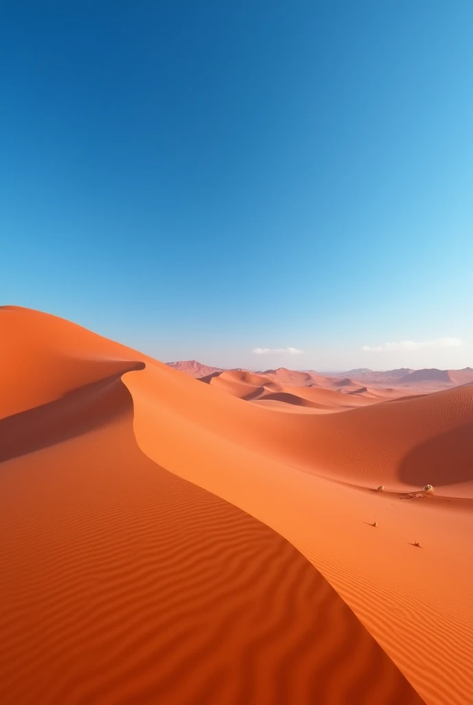 1. An endless desert under an intense blue sky, with red sand dunes stretching as far as the eye can see.