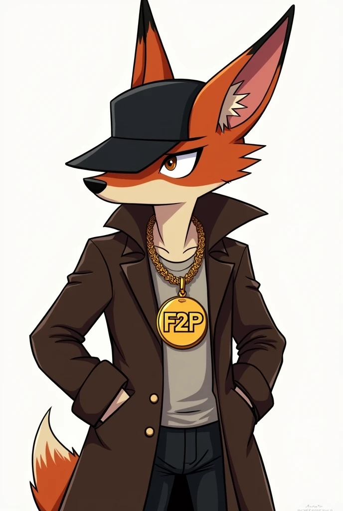 Create a man with a fox face, without showing much of the neck, turned slightly to the left, with black cap, wearing a dark brown overcoat and a large gold necklace inscribed with F2P. The image background can be white and the image can be a bit cartoonish.