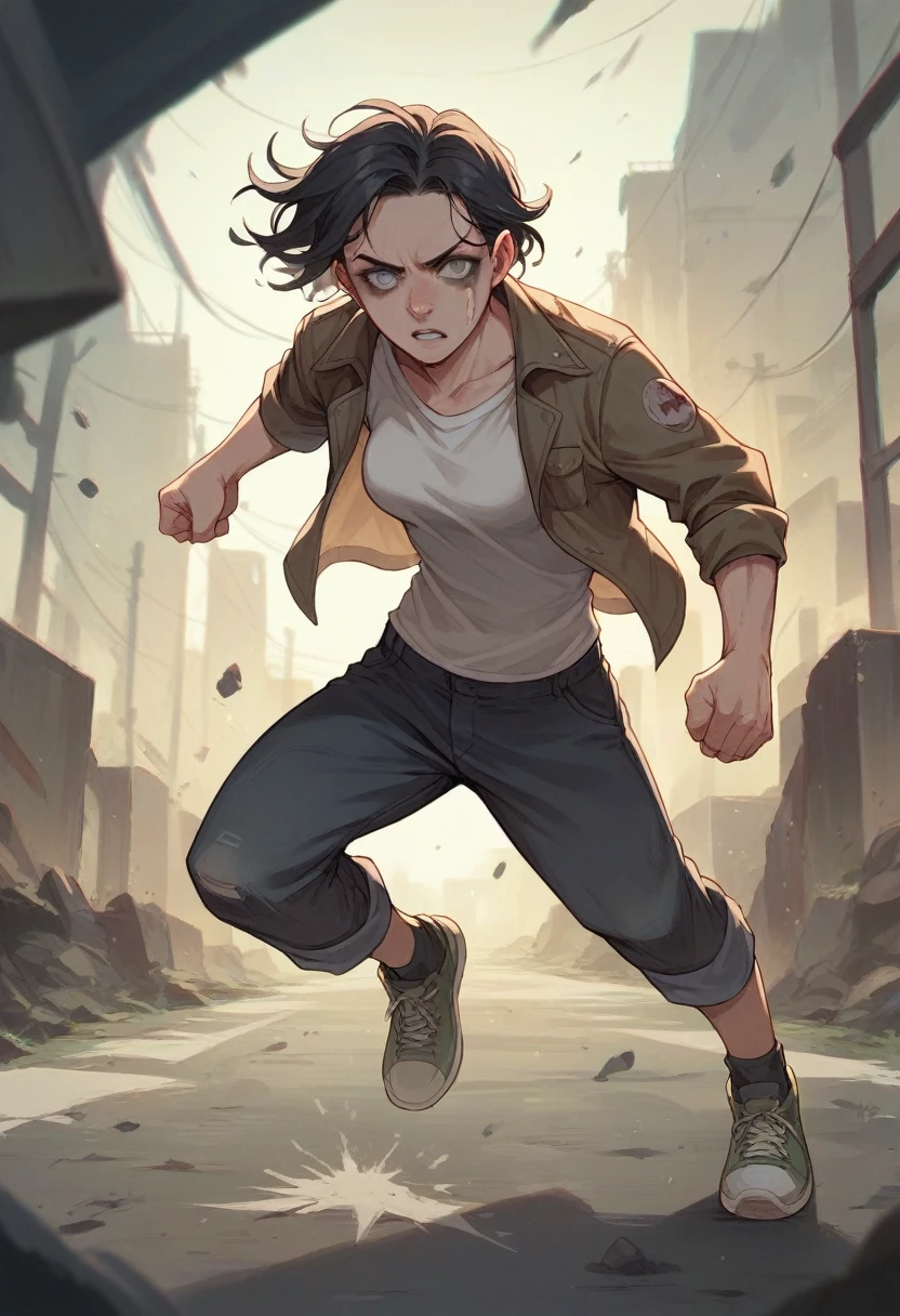 girl with straight black hair, big grey eyes, environment of the walking dead series she is running from the zombies